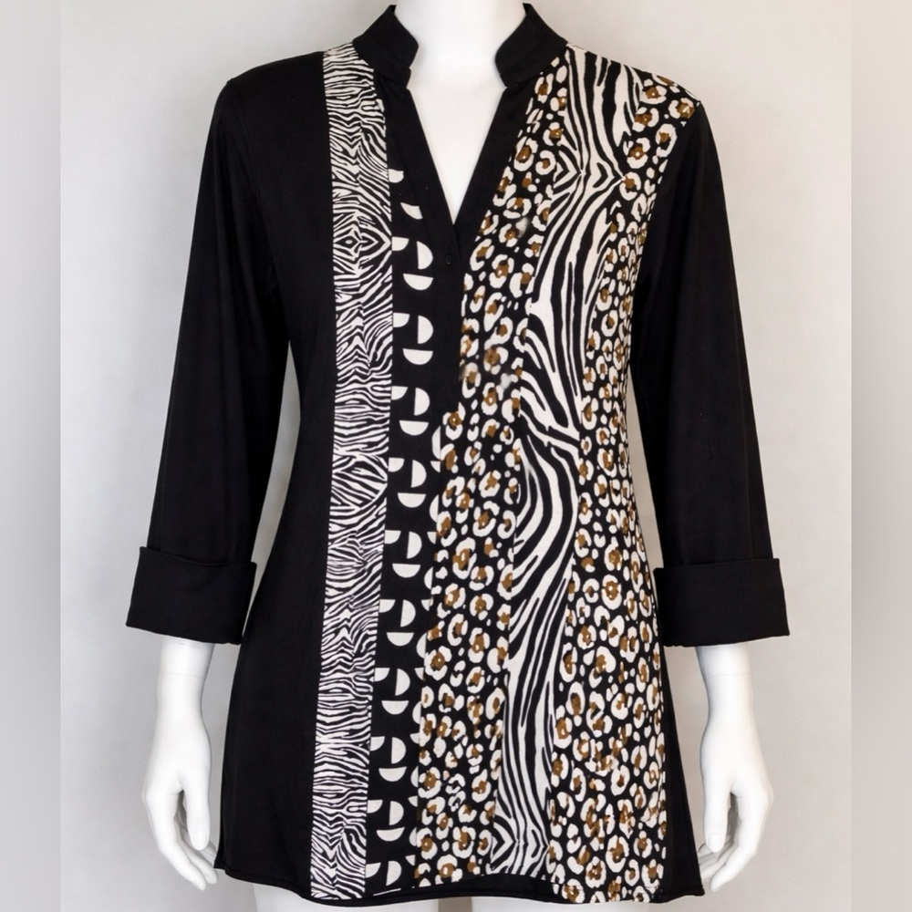 Chico’s No-Iron Tunic Top 1 (8 M) Black Animal Print Mix Zebra Leopard Stretch